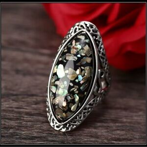 Clearance! HAMMERED SILVER GYPSY MOSAIC SHELL TILE OPAL ABALONE STATEMENT RING